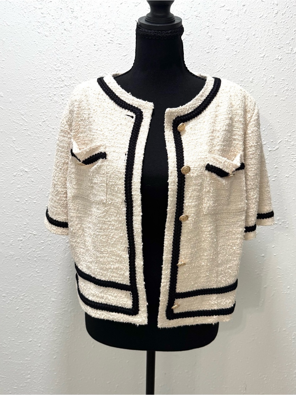 Preston & York Cream Bouclé Short-Sleeve Jacket with Black Trim